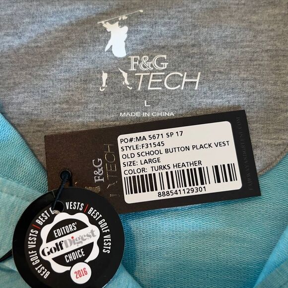 F&G Tech Old School Button Plack Golf Vest Turks Heather (Blue) - Large NWT - Picture 5 of 8